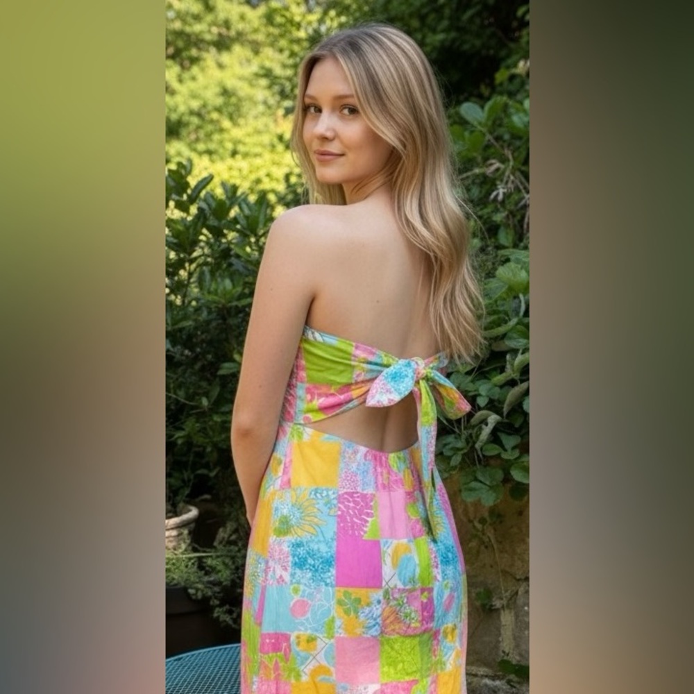 Lily Pulitzer Strapless Halter Patch Work Vintage Dress Size  Pink Green